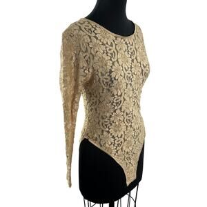 VINTAGE Cinema Etoile Gold Bodysuit Floral Lace Scoop Neck Size Medium M NEW